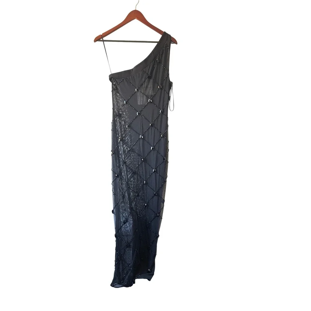 NWT Akira Black One Shoulder Beaded Mesh Maxi Dress Size M